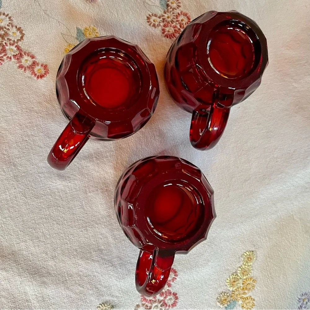 Vintage Ruby Red Mid-century Modern Glass Thumbprint Mugs. Set of 3. 8oz.